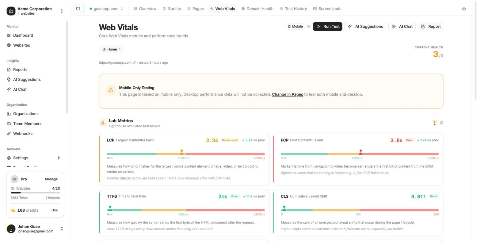 Core Web Vitals screenshot